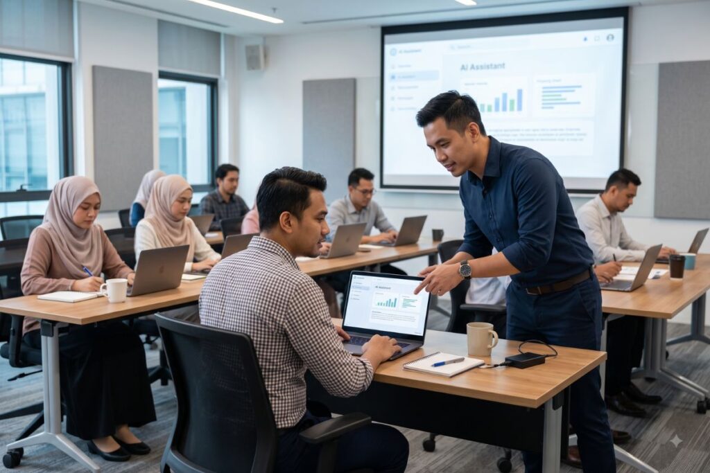 Trainer membimbing peserta secara terus dalam kelas AI secara hands-on