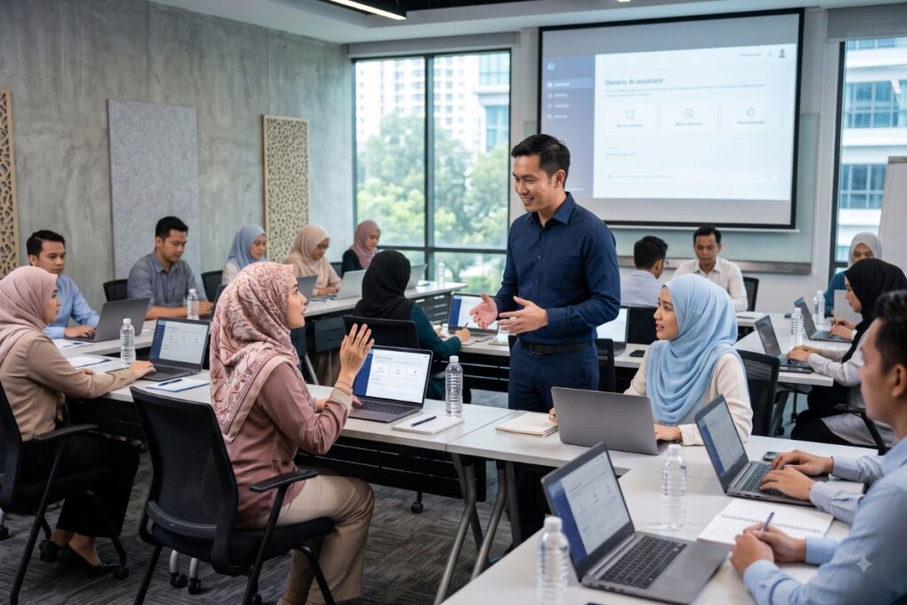 Peserta kelas AI bertanya kepada trainer semasa latihan hands-on